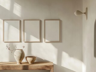 A white wall with three framed pictures and a vase on a wooden table