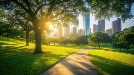Obraz premium Scenic Park in Texas with Shaded Walking Paths, Tall Trees, Bright Green Grass, Texas Sunset, and Contemporary City Buildings in the Distance