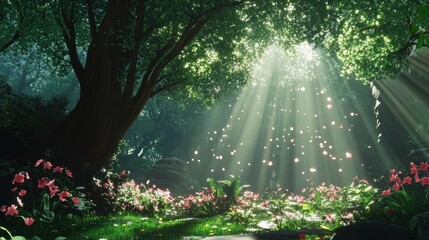 Obraz premium Magical Forest with Sunlight Streaming Through Green Leaves and Vibrant Flowers, Creating a Serene and Enchanting Natural Landscape Ideal for Relaxation and Inspiration