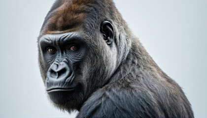 Obraz premium Close-up of a majestic gorilla showing expressive features against a plain background