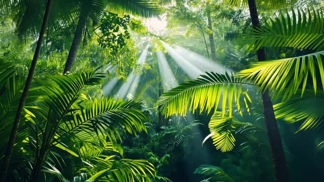 Sunlight streaming through lush green foliage in a tropical rainforest.