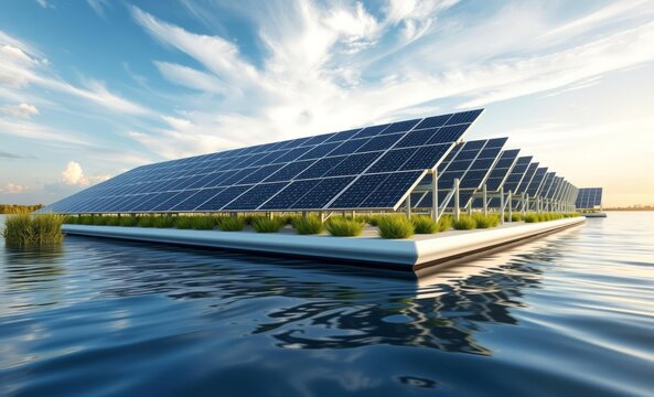 Solar panels, floating solar farm, reflective water surface, blue sky with wispy clouds, renewable energy, futuristic technology, eco-friendly power generation, large-scale installation, sunlight, cle - Powered by Adobe