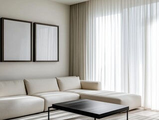 A white couch is in a living room with a black coffee table