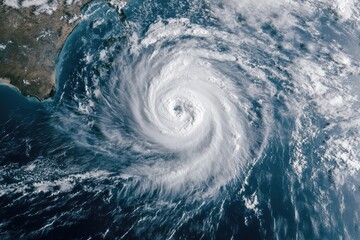 Typhoon or cyclone over the ocean. Tropical storm or tornado by the coast, aerial view from space. The eye of hurricane. Weather background