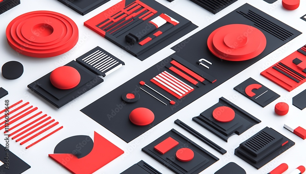 Aufkleber abstract composition of black and red geometric shapes and patterns.