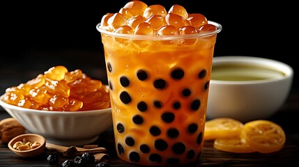 Iced boba tea with tapioca pearls, citrus garnish, and spices. Drinks photography for menu.