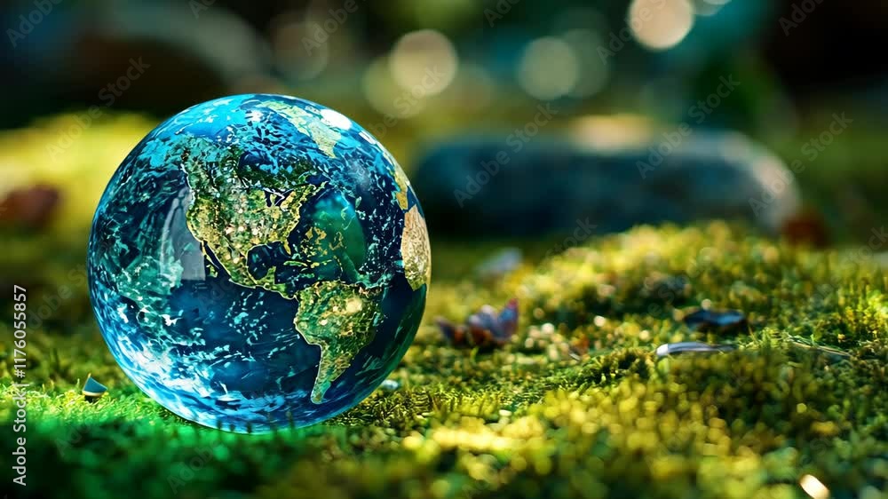 Poster detailed view of earth globe resting on green moss with sunlight filtering through trees