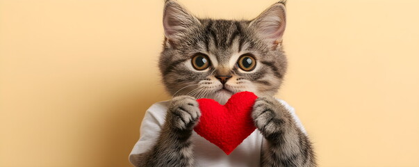 A striped brown cat in a white T-shirt holds a red fabric heart on a soft yellow background. Valentine's Day, for a greeting card or banner with space for text. Romantic gift, celebrating February 14.