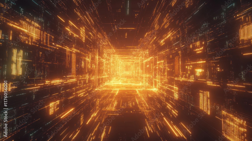 Aufkleber futuristic abstract digital tunnel with glowing orange lines conveying a sense of speed and technolo