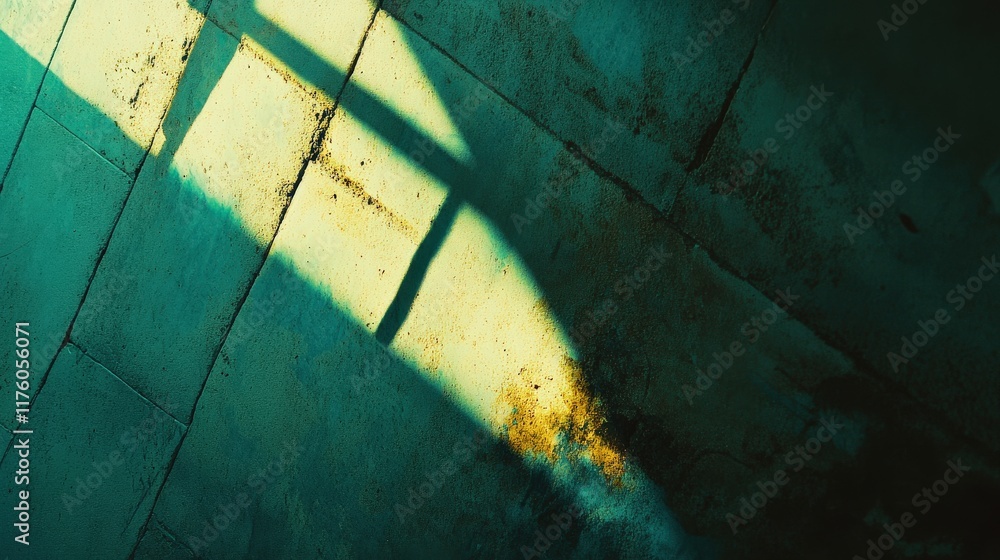 Poster abstract textured background with geometric shadow patterns in muted tones of green and yellow for a