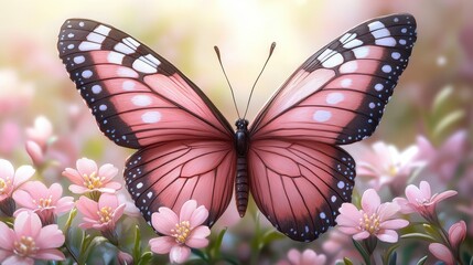 Close-Up of a Vibrant Pink Butterfly with Intricate Patterns Resting Gracefully on Delicate Pink Flowers in Sunlit Garden Setting