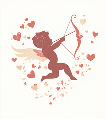 Fototapeta premium Silhouette of Cupid shooting an arrow with hearts flying out of him on a white background in red and beige colors.