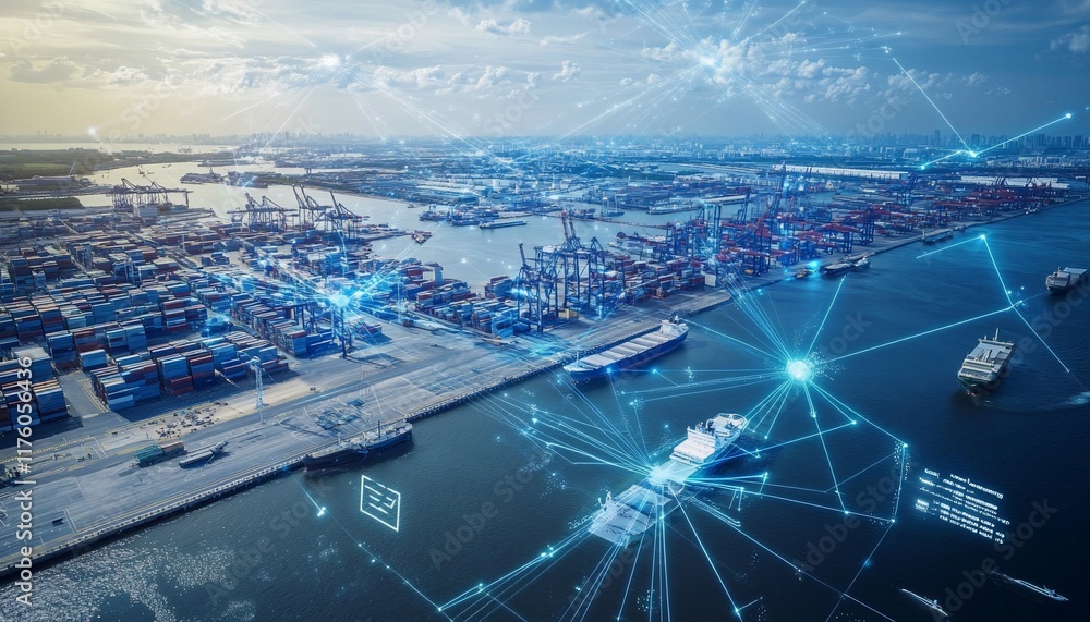 Poster aerial view of a busy port with shipping containers and digital connections.