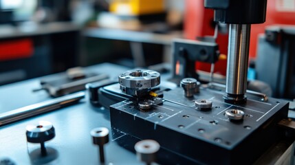 Close-up of Precision Machining Equipment in a Modern Workshop Showing a CNC Machine Tool and Metal Components on a Workbench in a Dynamic Industrial Environment