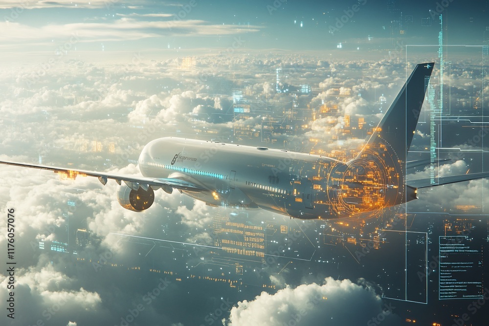 Poster an airplane flying through clouds with digital overlays and data visuals.
