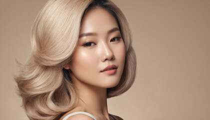 Naklejka premium Portrait of a woman with elegant styled hair and soft makeup against a neutral background highlighting her features