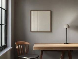 A desk with a lamp and a chair