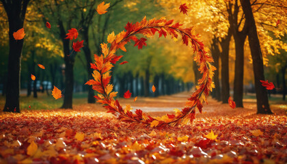 Stunning autumn scene with a circular arrangement of leaves in a vibrant park pathway