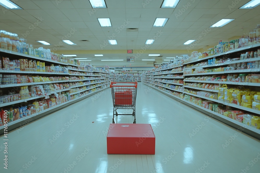 Poster an empty grocery aisle with a shopping cart and a red box in the center.