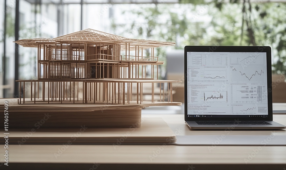 Poster architectural model beside a laptop displaying data and charts in a modern workspace.