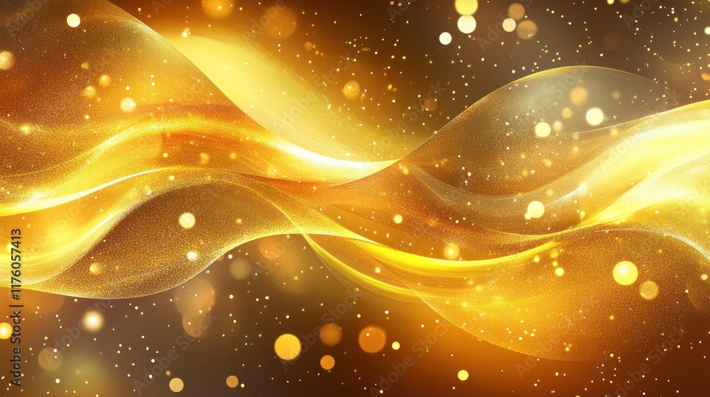 Poster bright abstract background with flowing golden waves and sparkling lights creating a festive and ele