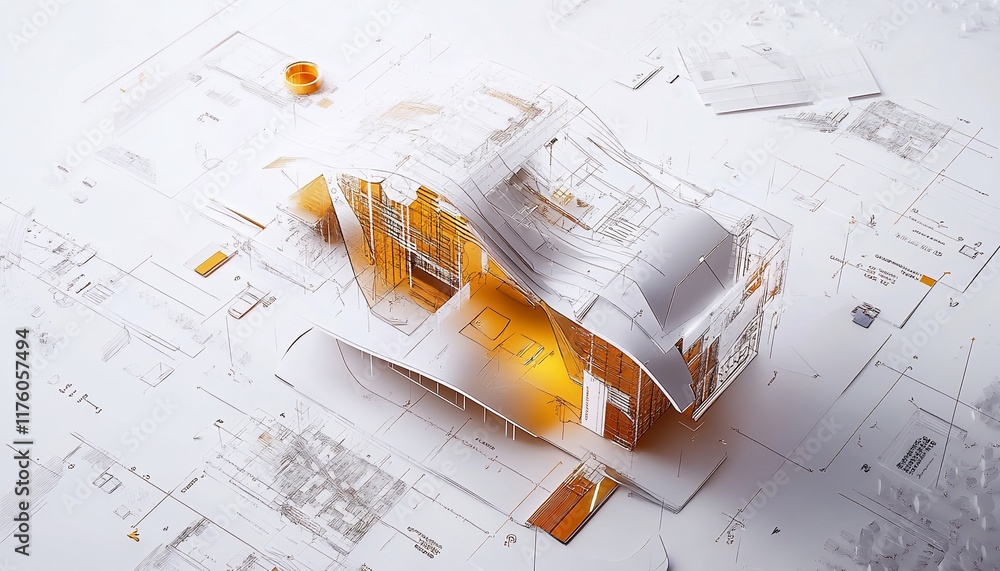 Poster architectural rendering showcasing a modern building design with structural details.