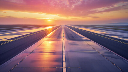 Fototapeta premium Dramatic View of Airport Runway with Beautiful Sunset and Orange Sky