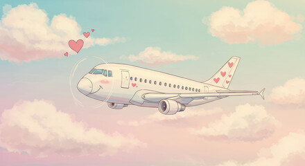 Fototapeta premium Adorable Airplane Flying Through Pink Sky with Hearts - Romantic Travel Illustration