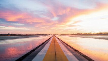 Fototapeta premium Dramatic View of Airport Runway with Beautiful Sunset and Orange Sky