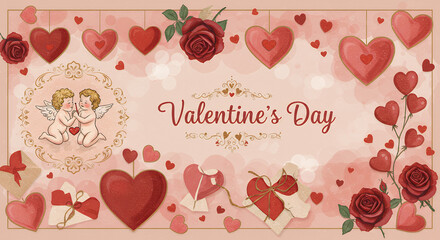 Romantic Vintage Valentine's Day Card Design with Cherubs, Roses, and Hearts