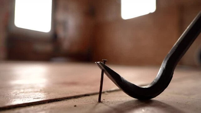 Nail puller pulls a Iron Nail out of the wooden board. Removing a Iron Nail with a nail puller from a wooden floorboard in a house.