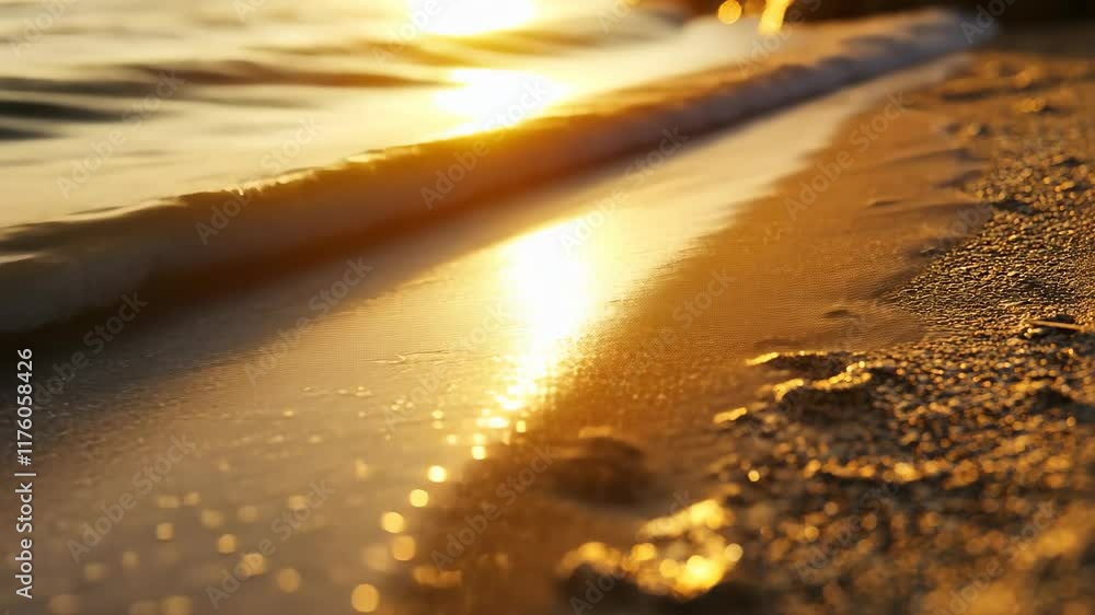 Poster sunset over a quiet beach with gentle waves lapping at the shore creating a serene atmosphere