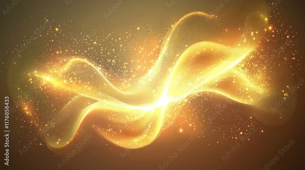 Poster ethereal golden waves of light on a warm background with sparkles, creating a magical and dreamy atm
