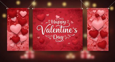 Happy Valentine's Day Banners with Red and Pink Hearts - Romantic Valentine's Day Decorations