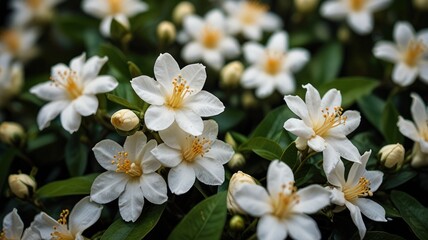 Obraz premium Close-up of small, white flowers in bloom, with green foliage.