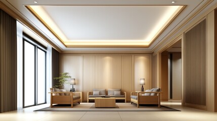 Modern living room with wooden accents and soft lighting.