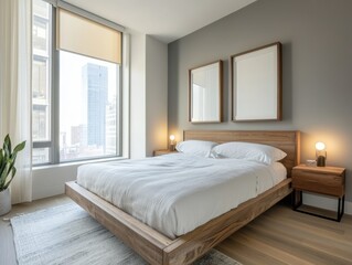 Fototapeta premium A large bed with a white sheet and a plant on the nightstand