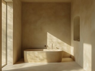 A tan bathroom with a bathtub