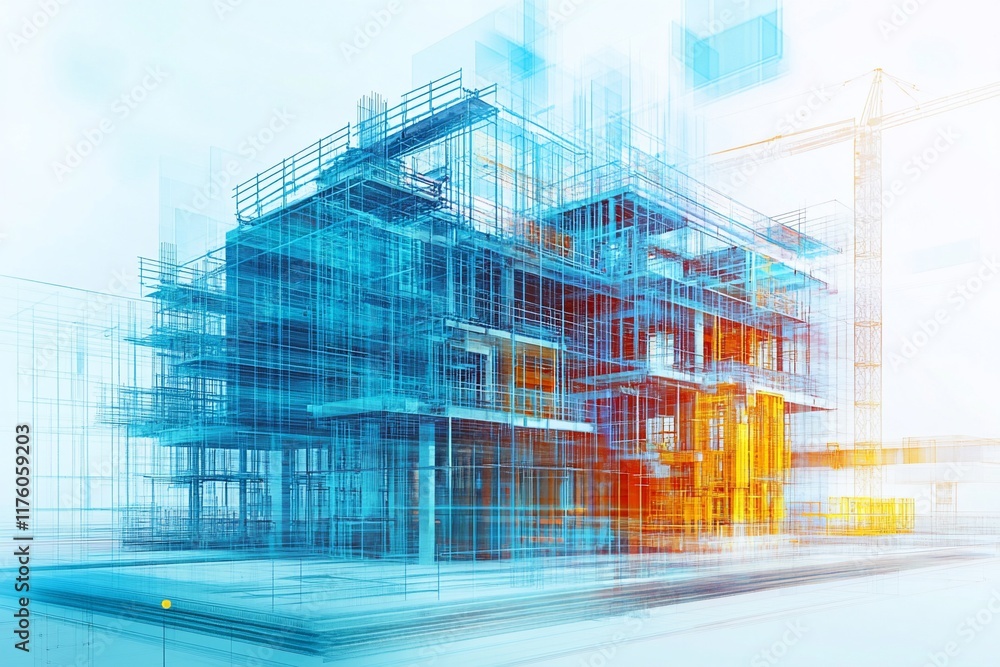 Poster digital rendering of a construction site with layered architectural elements.