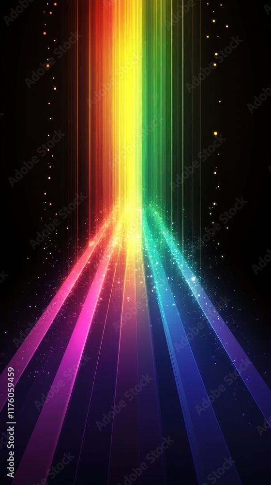 Poster vibrant rainbow light beams shining through darkness creating a colorful and ethereal atmosphere wit