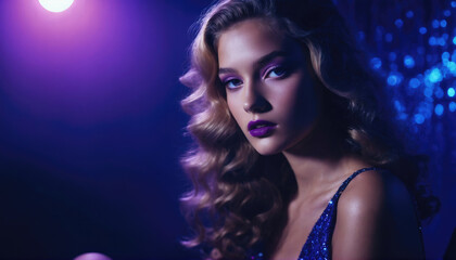 Stunning model poses confidently under vibrant purple lights at a glamorous event
