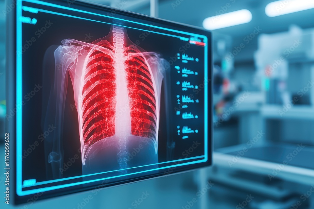Poster concept of access to digital medicine for health. a digital display shows a detailed lung scan with 