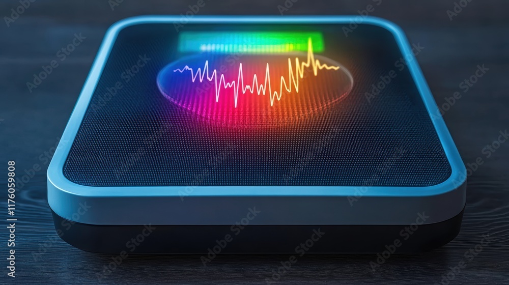 Poster concept of access to digital medicine for health. a sleek sound device displays colorful audio wavef