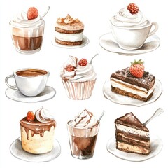 A set of nine different desserts and drinks, including cakes, cupcakes