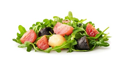 A salad with roasted red peppers, arugula, and shaved Parmesan cheese, isolated on a white background