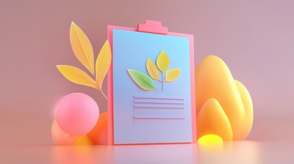 Business trends sustainable leadership concepts. A colorful clipboard featuring leaves against a soft backdrop, embodying a fresh, creative design aesthetic.