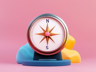 Business trends sustainable leadership concepts. A colorful compass sits against a pink backdrop, symbolizing direction and exploration with vibrant shapes in the background.