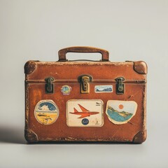 A brown suitcase with a red airplane sticker on it