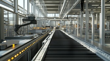 Obraz premium Automated factory conveyor belt system, industrial production line, modern facility.