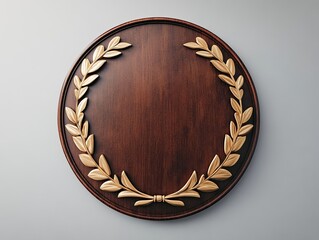 Wooden award plaque with laurel wreath, isolated, blank space for text, achievement concept, design element.